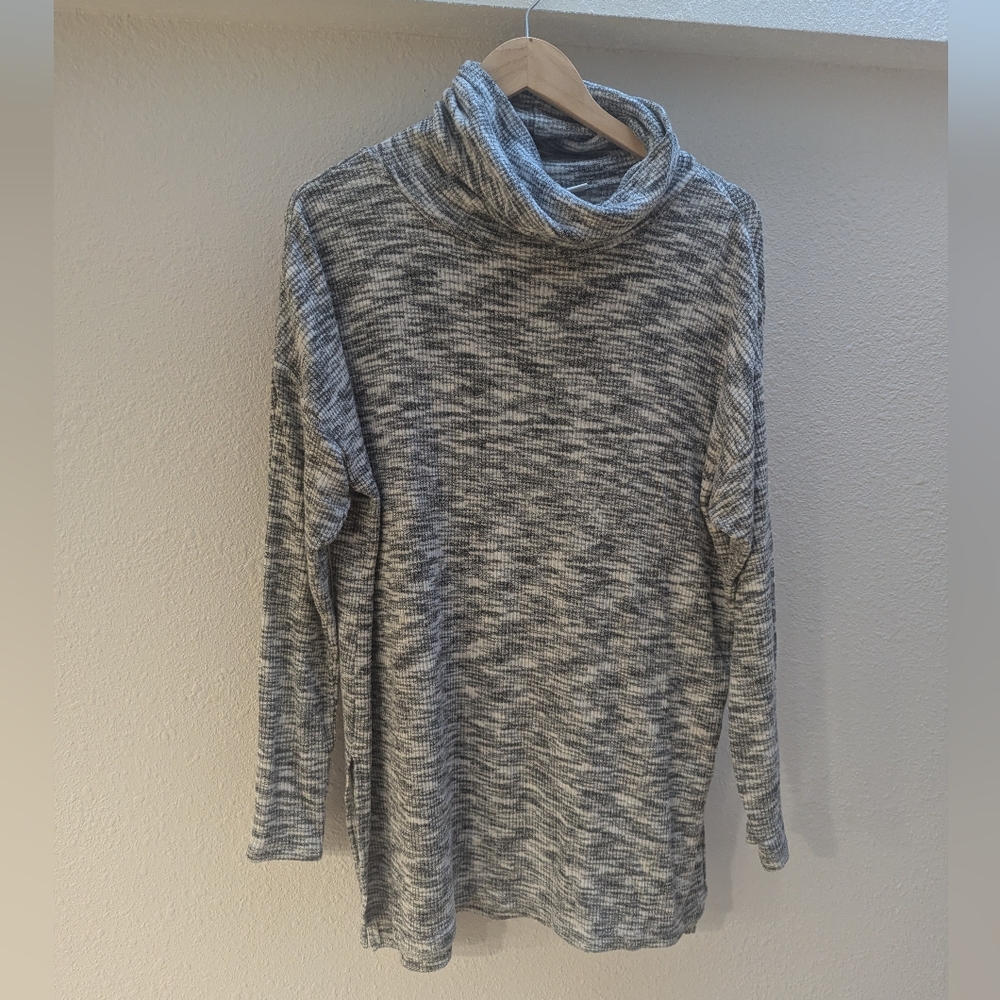 Grey and White Turtleneck Long Sleeve Sweater Dress